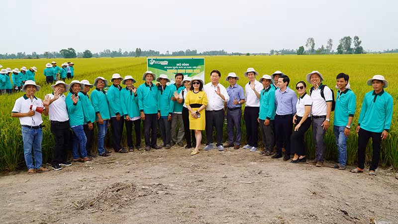 Các đại biểu dự hội nghị thăm quan ruộng mô hình của hộ anh Nguyễn Thanh Xuân, ngụ ấp 4, xã Thạnh Lợi, huyện Tháp Mười. (Ảnh: HỮU NGHĨA)