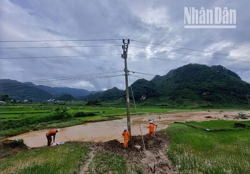 Công nhân Công ty Điện lực Sơn La tập trung khắc phục sự cố do mưa lũ.