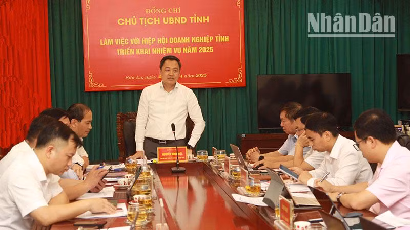 Đồng chí Nguyễn Đình Việt, Phó Bí thư Tỉnh ủy, Chủ tịch Ủy ban nhân dân tỉnh Sơn La phát biểu tại cuộc làm việc.