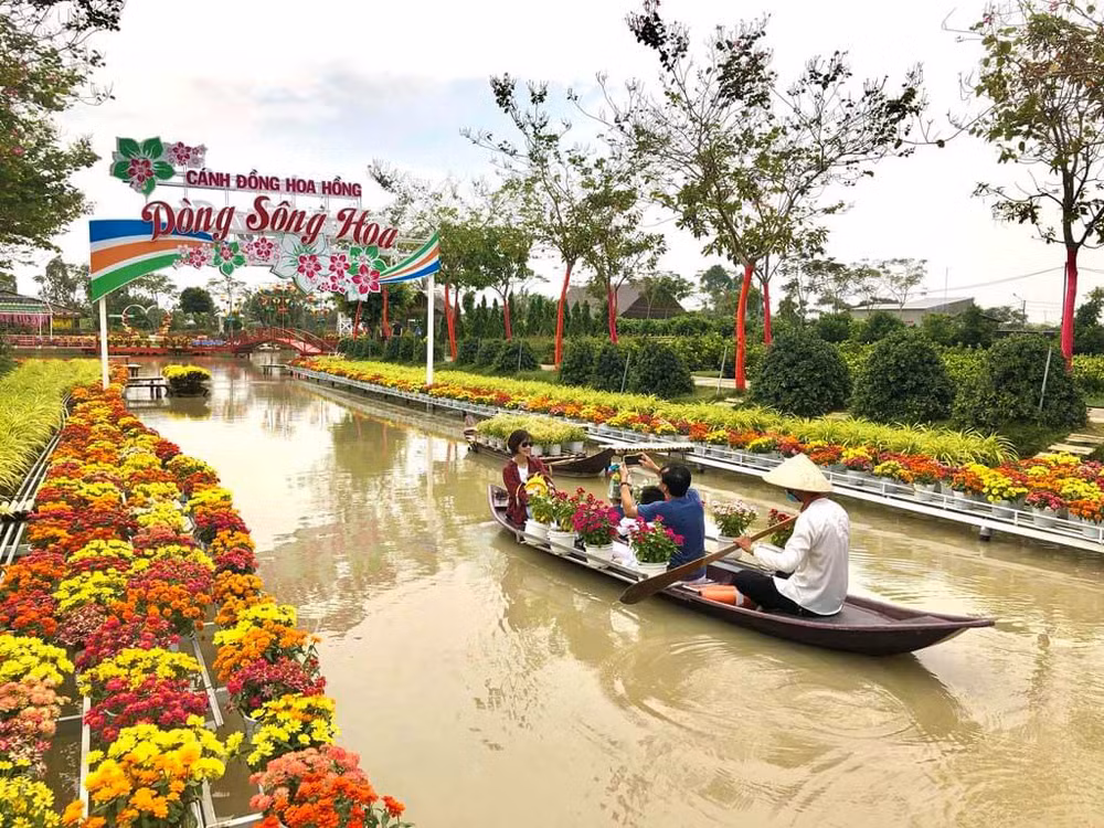 Du khách tham quan, trải nghiệm tại Khu du lịch Cánh đồng hoa hồng, thành phố Sa Đéc, tỉnh Đồng Tháp. (Ảnh: HỮU NGHĨA)