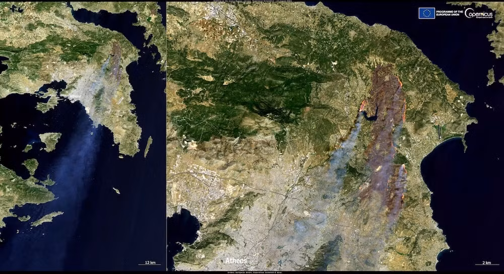 Hình ảnh từ vệ tinh Sentinel-2 thuộc chương trình Copernicus của Liên minh châu Âu cho thấy đám cháy rừng tại Hy Lạp ngày 12/8/2024. (Ảnh: Reuters)
