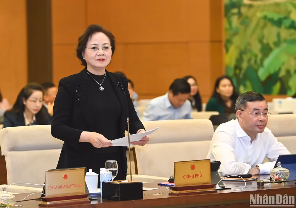 Bộ trưởng Nội vụ Phạm Thị Thanh Trà trình bày Tờ trình của Chính phủ tại phiên họp. (Ảnh: DUY LINH)