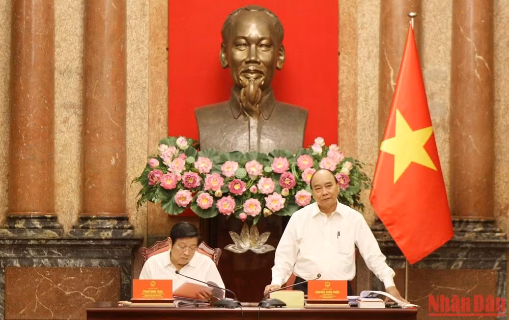 Chủ tịch nước Nguyễn Xuân Phúc phát biểu ý kiến chỉ đạo tại buổi làm việc.