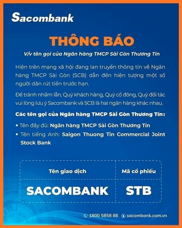Thông báo của Sacombank. Thông báo của Sacombank.