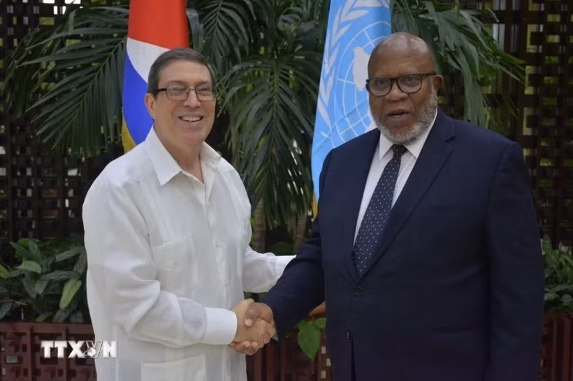 Chủ tịch Đại hội đồng Liên hợp quốc Dennis Francis gặp Bộ trưởng Ngoại giao Cuba Bruno Rodríguez Parilla (trái). (Ảnh: TTXVN) 