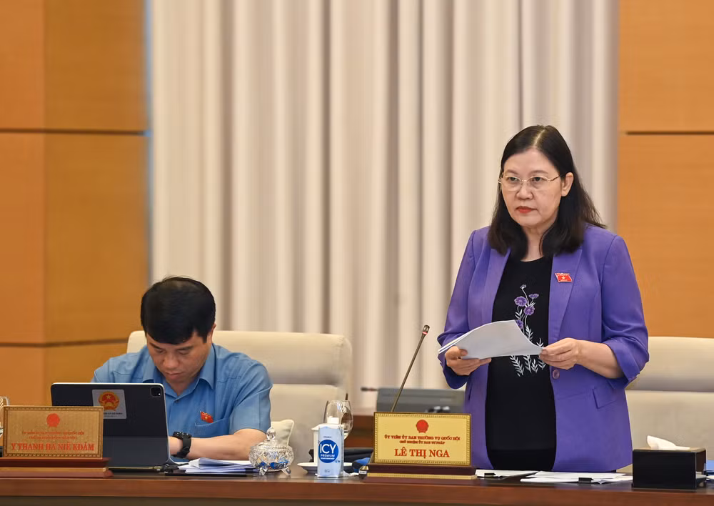 Chủ nhiệm Ủy ban Tư pháp Lê Thị Nga trình bày báo cáo thẩm tra về dự án Luật.