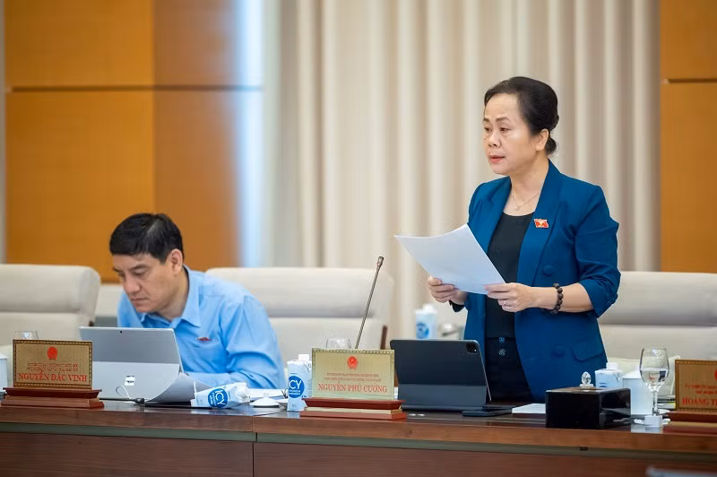 Phó Chủ nhiệm Ủy ban Tài chính, Ngân sách Nguyễn Vân Chi trình bày báo cáo thẩm tra về dự thảo Nghị quyết trong phiên họp sáng 13/5. (Ảnh: DUY LINH) 