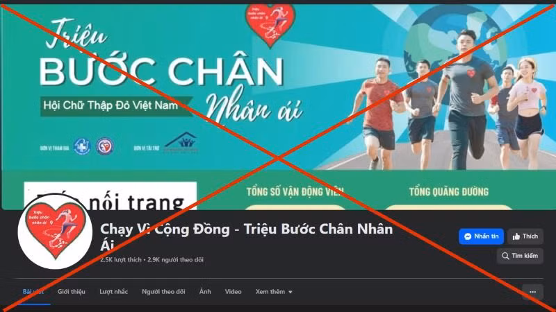 Hình ảnh trang fanpage mạo danh tên Chiến dịch “Triệu bước chân nhân ái” để kêu gọi quyên góp, gây quỹ. (Ảnh chụp màn hình)