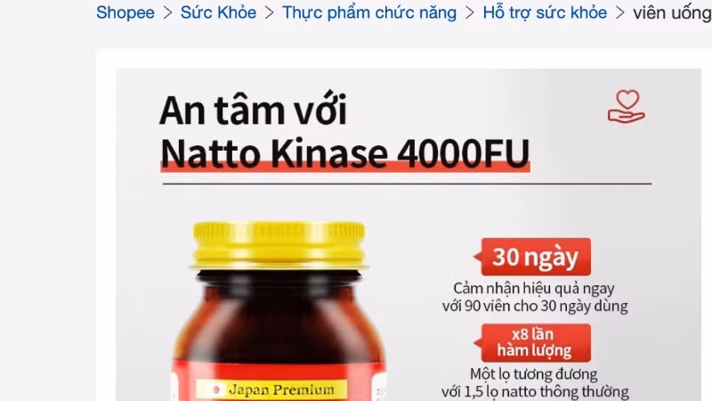 Sản phẩm Natto Kinase 4000fu được kinh doanh trên Shopee. (Ảnh: Cục An toàn thực phẩm)