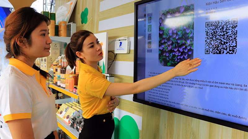 Nhân viên sàn giao dịch thương mại điện tử PostMart tư vấn, giới thiệu trái cây Sơn La trên gian hàng số.