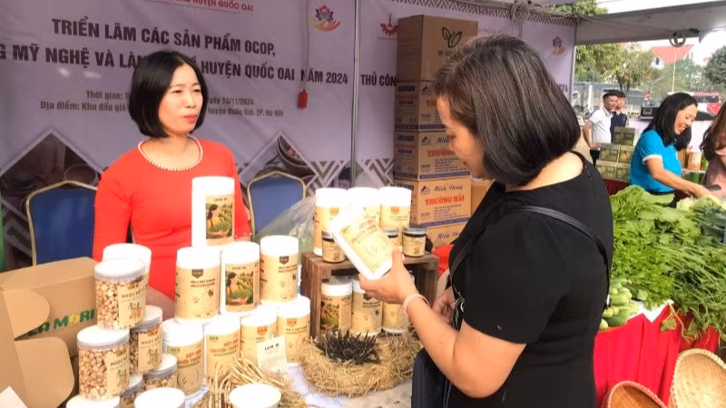 Người tiêu dùng tìm hiểu các sản phẩm OCOP của huyện Quốc Oai tại triển lãm.