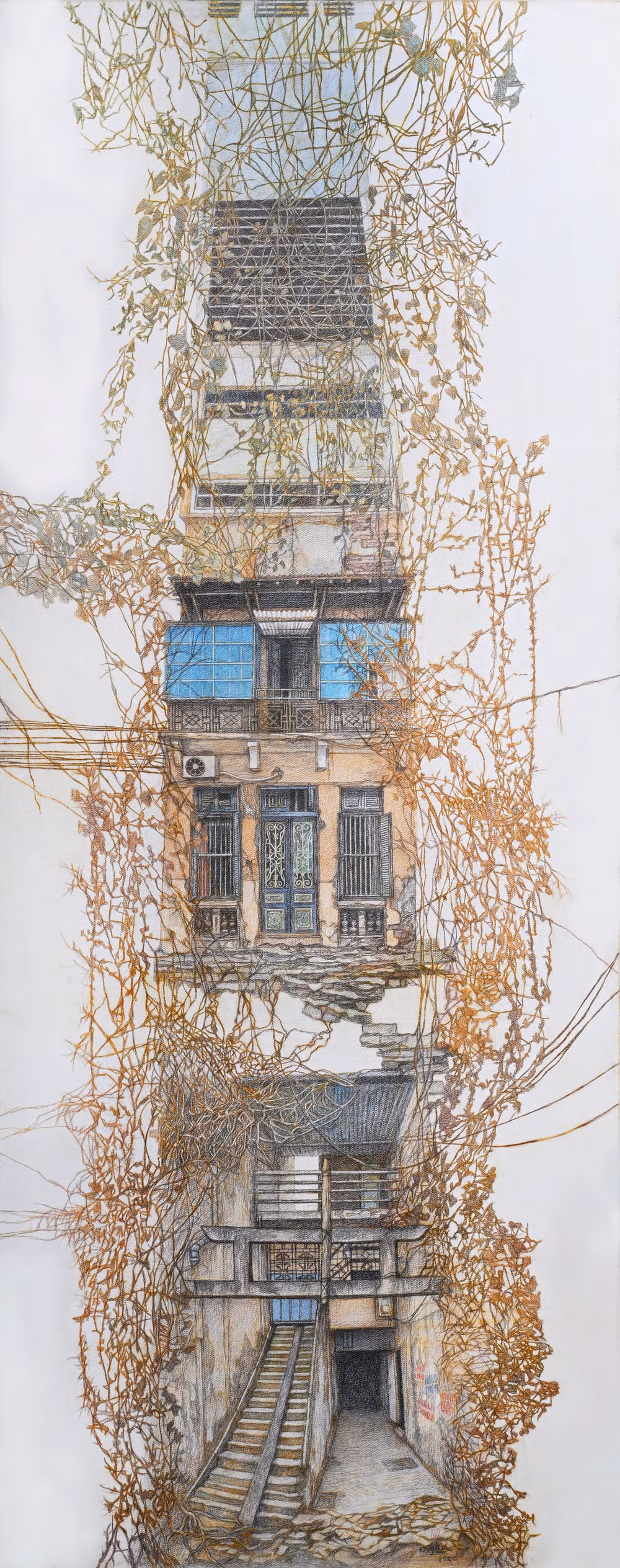 Cội rễ #5, chì mầu trên toan, 200x80cm, 2020. Ảnh: NVCC Cội rễ #5, chì mầu trên toan, 200x80cm, 2020. Ảnh: NVCC