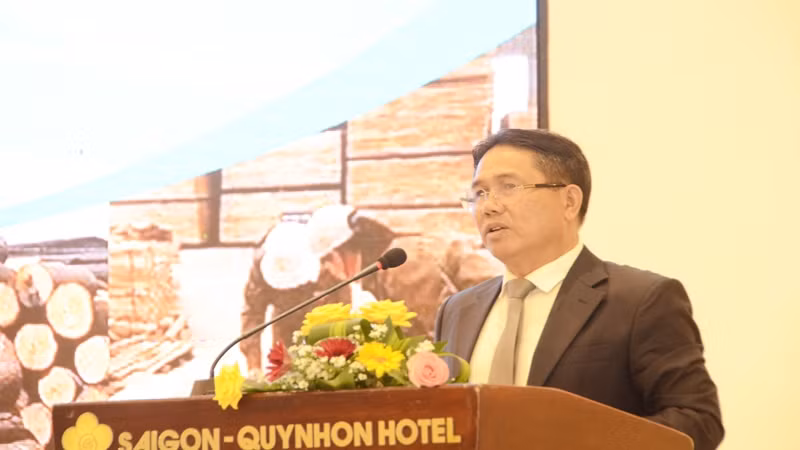 Ông Lê Minh Thiện, Chủ tịch Hiệp hội Gỗ và Lâm sản Bình Định phát biểu tại hội nghị.