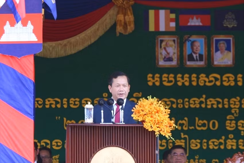 Thủ tướng Vương quốc Campuchia Samdech Moha Bovor Thipadei Hun Manet đọc diễn văn tại lễ kỷ niệm. (Ảnh: Fresh News)