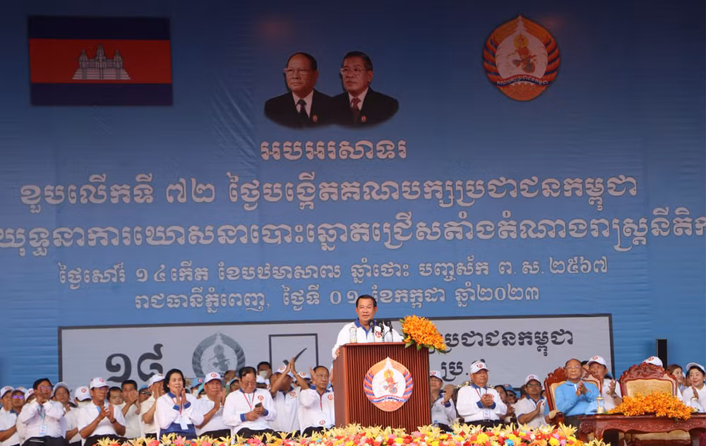 Chủ tịch CPP, Thủ tướng Samdech Techo Hun Sen phát biểu tại sự kiện. (Ảnh: NGUYỄN HIỆP)