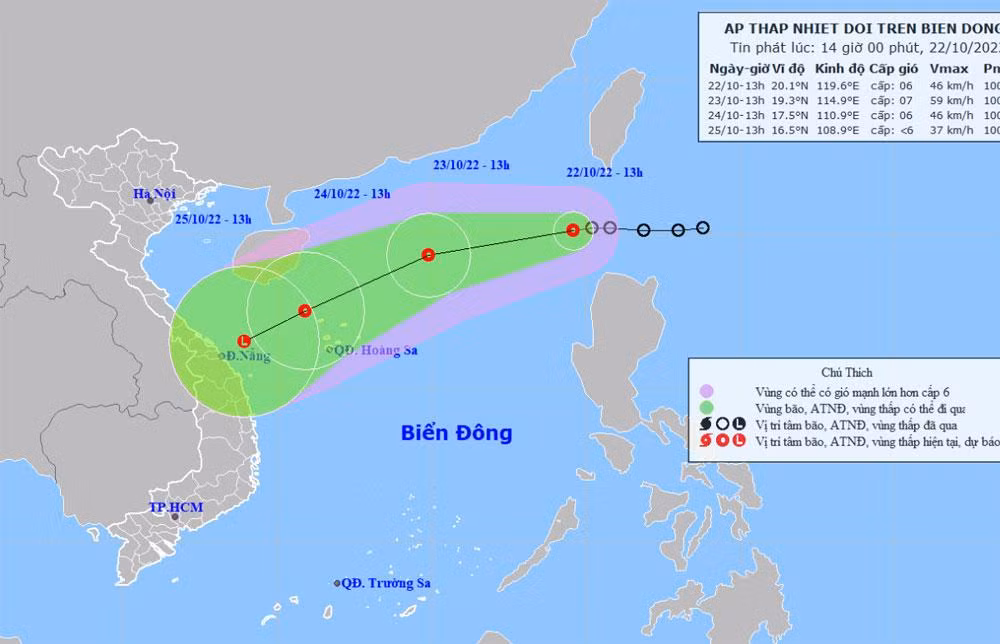 Vị trí và hướng di chuyển của áp thấp nhiệt đới. (Nguồn: nchmf.gov.vn)