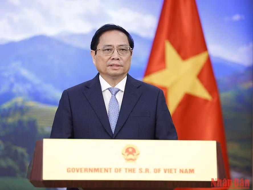 Thủ tướng Phạm Minh Chính phát biểu ghi hình tại Hội nghị cấp cao Sinh học thế giới năm 2022. (Ảnh: TRẦN HẢI)
