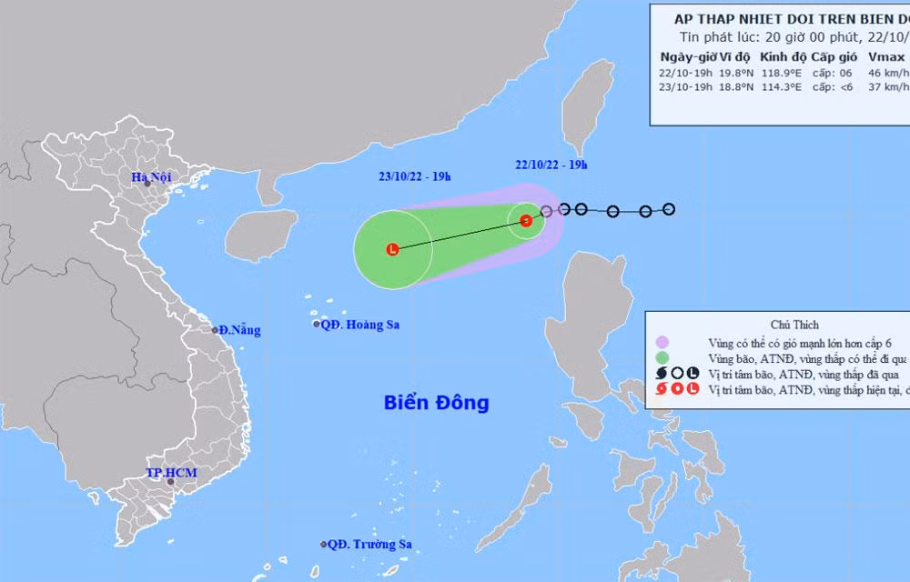 Vị trí và hướng di chuyển của áp thấp nhiệt đới. (Nguồn: nchmf.gov.vn)
