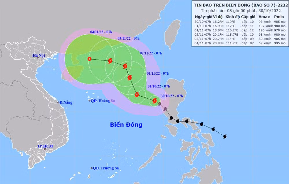 Vị trí và hướng di chuyển của bão số 7. (Nguồn: nchmf.gov.vn)