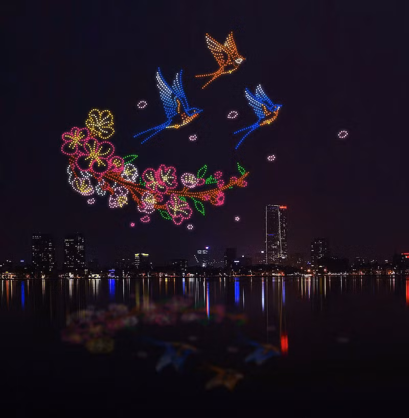 Hình ảnh chim én và hoa mai, hoa đào đón xuân sang là một trong những hình ảnh sẽ được trình diễn bằng các thiết bị bay không người lái trong Chương trình Hòa nhạc ánh sáng-Chào năm mới 2025 vào tối 18/1 bên hồ Tây.