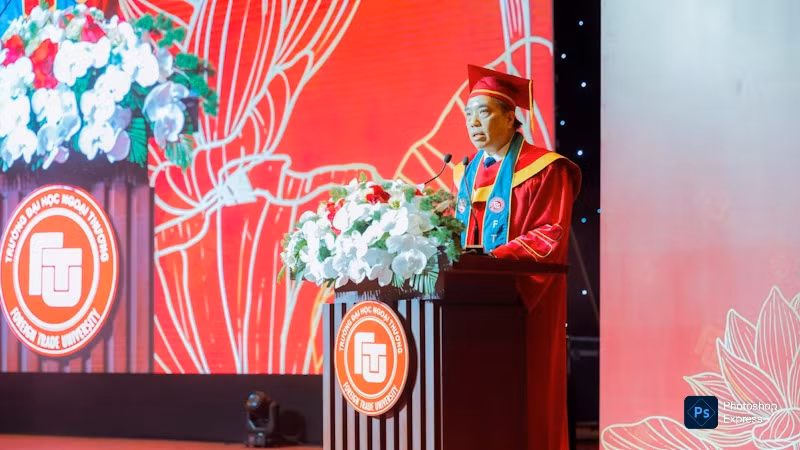 PGS, TS Bùi Anh Tuấn, Hiệu trưởng Trường đại học Ngoại thương động viên, chúc mừng các sinh viên tốt nghiệp.