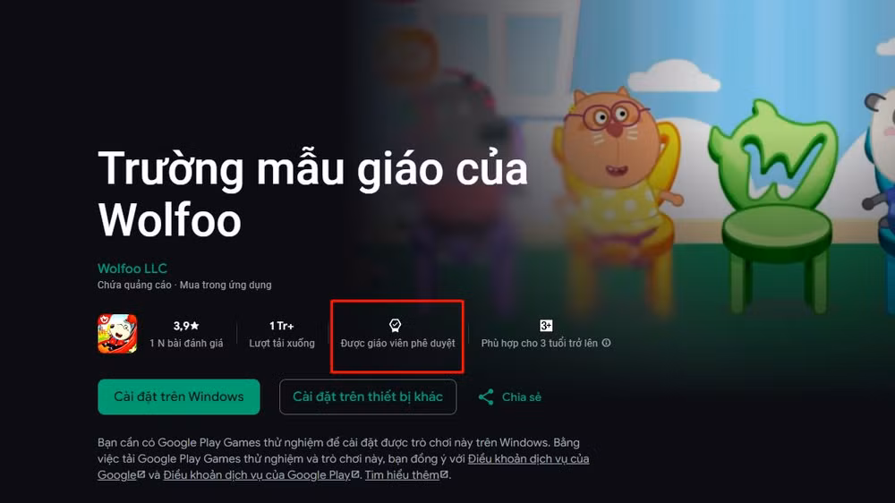 Một ứng dụng game Việt đạt chứng nhận Teacher Approved (Giáo viên phê duyệt), được các chuyên gia giáo dục và truyền thông đề xuất trên Google Play. (Ảnh chụp màn hình) 