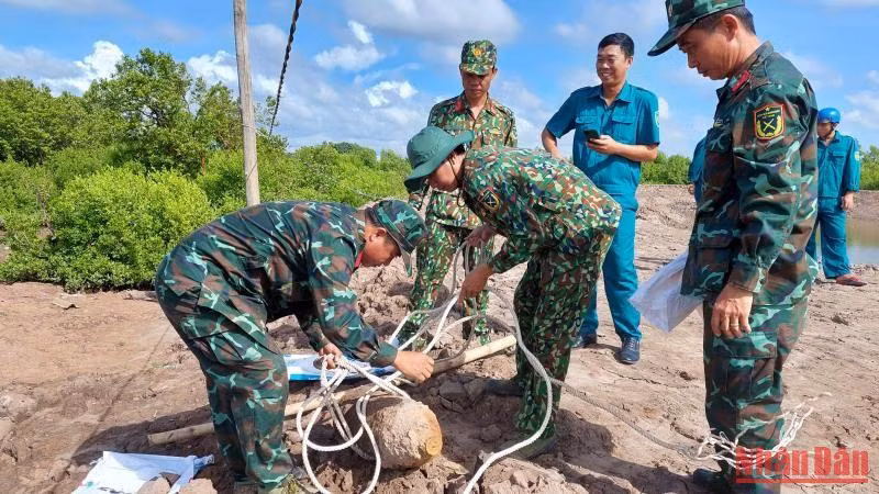 Lực lượng công binh tỉnh Trà Vinh thu gom quả bom tại ao tôm xã Đông Hải, huyện Duyên Hải.
