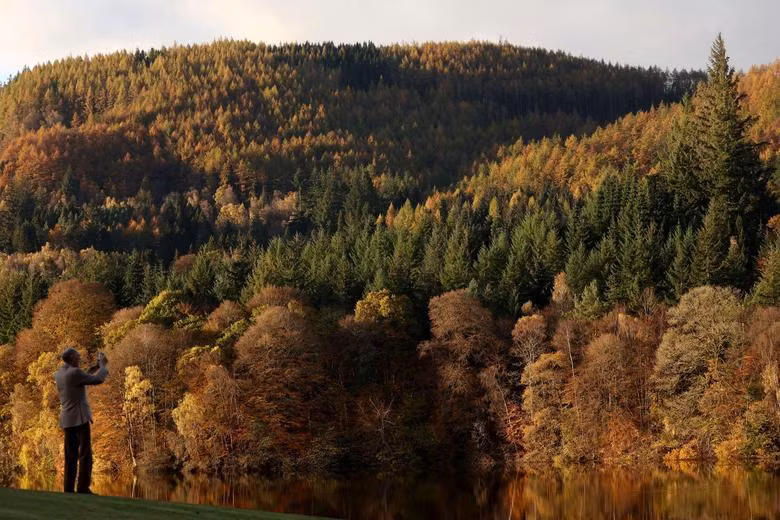 Những chiếc lá mùa thu được phản chiếu trên hồ Loch Faskally ở Pitlochry, Scotland, ngày 3/11. (Ảnh: REUTERS)