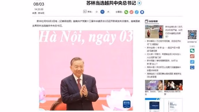 Hãng thông tấn Tân Hoa xã đưa tin về Tổng Bí thư, Chủ tịch nước Tô Lâm phát biểu tại buổi họp báo ngay sau khi Hội nghị bế mạc. (Ảnh: Công Tuyên/Trung Quốc).