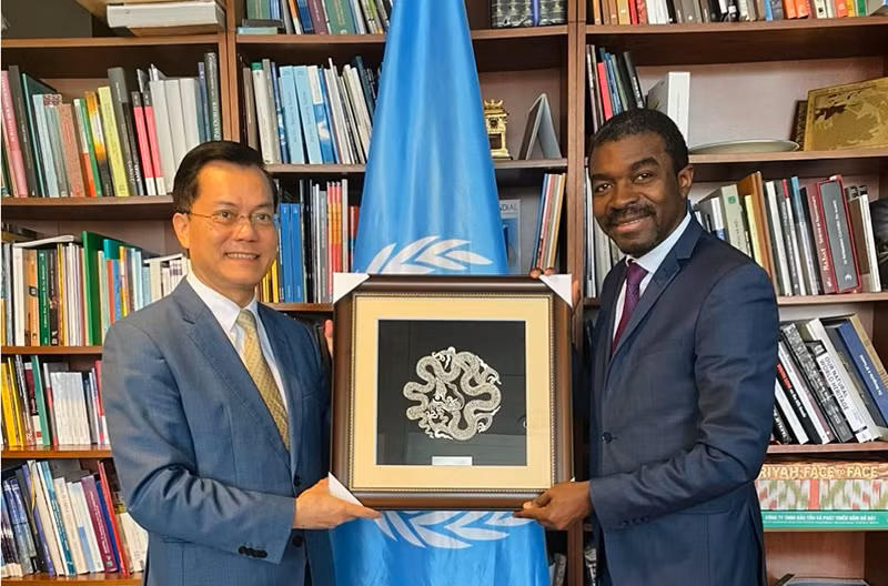 Thứ trưởng Hà Kim Ngọc, Chủ tịch Ủy ban quốc gia UNESCO Việt Nam làm việc với Giám đốc Trung tâm Di sản thế giới Lazare Assomo.