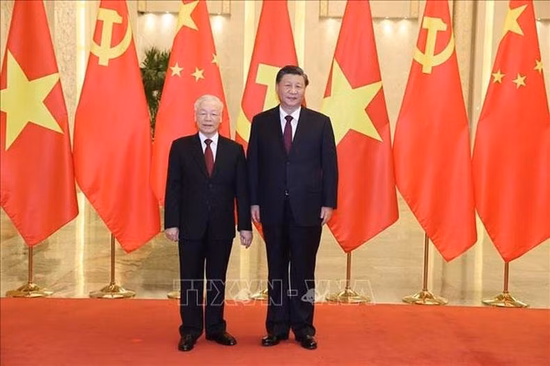 Tổng Bí thư Nguyễn Phú Trọng và Tổng Bí thư, Chủ tịch Trung Quốc Tập Cận Bình. (Ảnh: TTXVN)