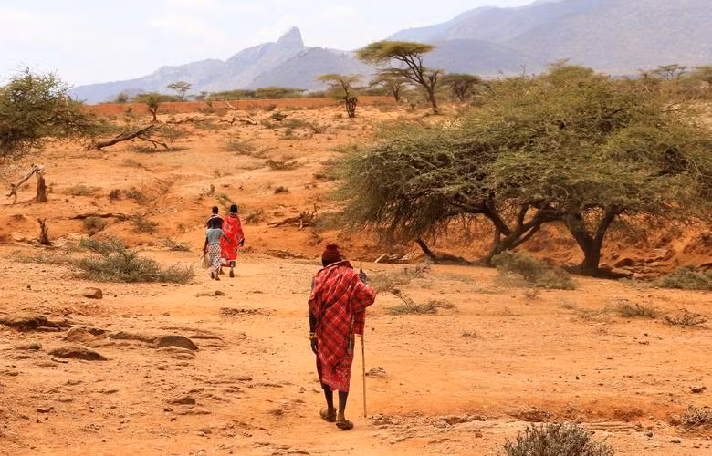 Người dân bộ lạc Samburu đi bộ về nhà sau khi nhận thịt cứu trợ giữa đợt hạn hán kéo dài gần Lengusaka ở Wamba, hạt Samburu, Kenya, ngày 27/7. (Ảnh: REUTERS). Người dân bộ lạc Samburu đi bộ về nhà sau khi nhận thịt cứu trợ giữa đợt hạn hán kéo dài gần Lengusaka ở Wamba, hạt Samburu, Kenya, ngày 27/7. (Ảnh: REUTERS).