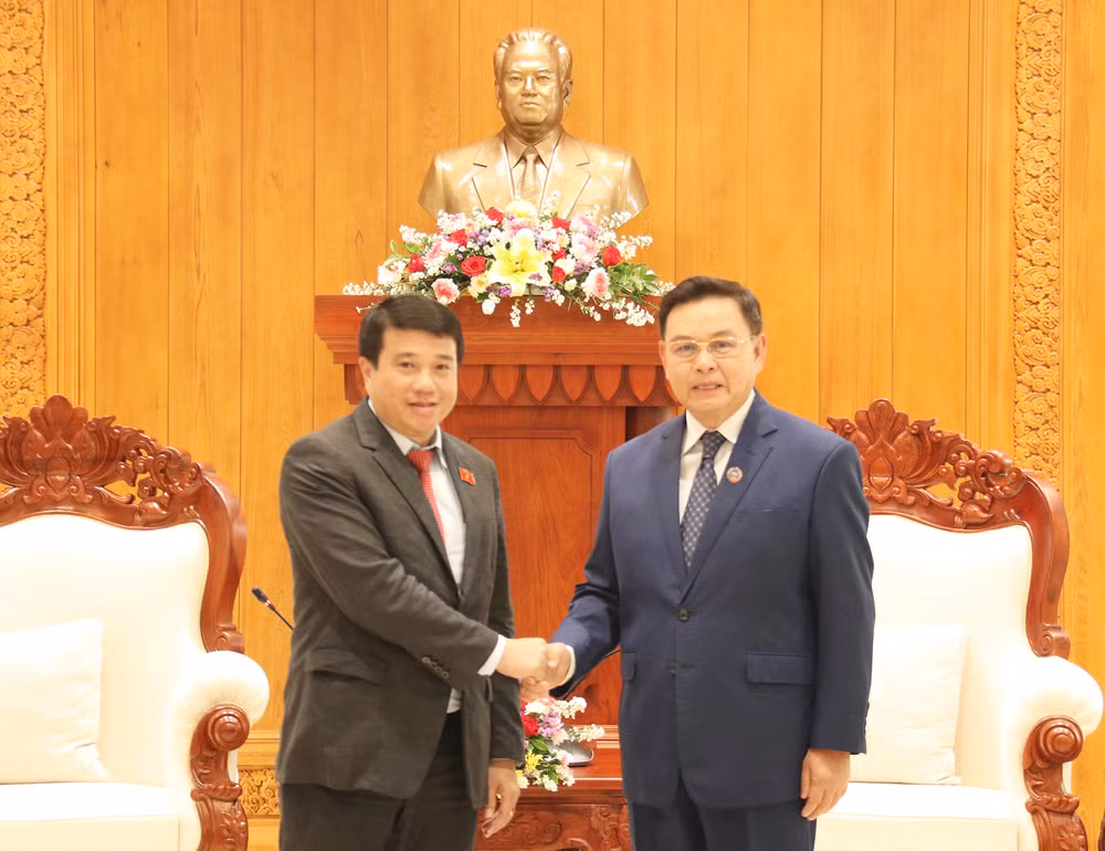 Chủ tịch Quốc hội Lào tiếp đồng chí Y Thanh Hà Niê K’đăm cùng Đoàn đại biểu Hội đồng Dân tộc. (Ảnh: Trịnh Dũng)