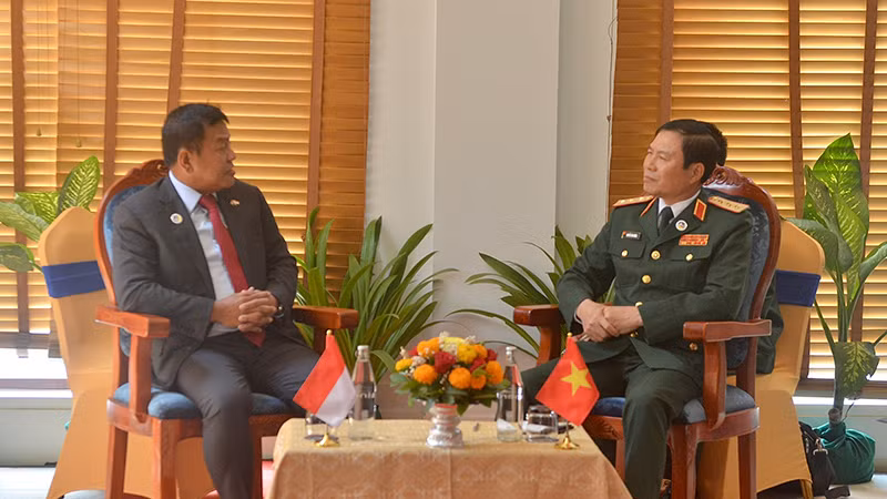 Thượng tướng Nguyễn Tân Cương gặp Thứ trưởng Quốc phòng Indonesia Muhammad Herindra. Ảnh: Trịnh Dũng