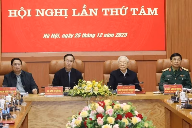 Tổng Bí thư Nguyễn Phú Trọng cùng các lãnh đạo Đảng, Nhà nước, Quân ủy Trung ương chủ trì hội nghị. (Ảnh: TTXVN)