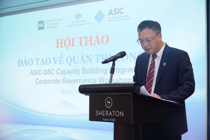 Phó Chủ tịch Ủy ban Chứng khoán Nhà nước Bùi Hoàng Hải phát biểu khai mạc Hội thảo.
