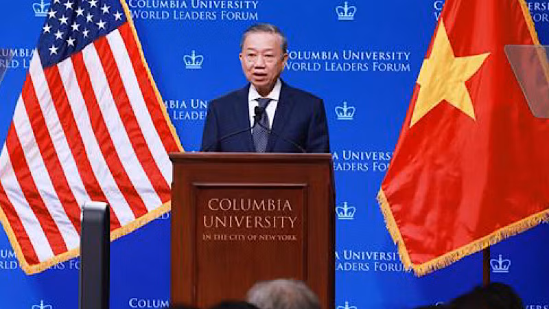 Tổng Bí thư, Chủ tịch nước Tô Lâm có bài phát biểu chính sách tại Đại học Columbia. (Ảnh: TTXVN)
