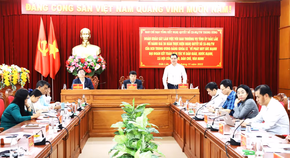 Đồng chí Nguyễn Đình Khang, Chủ tịch Tổng Liên đoàn Lao động Việt Nam tham gia ý kiến tại buổi làm việc.