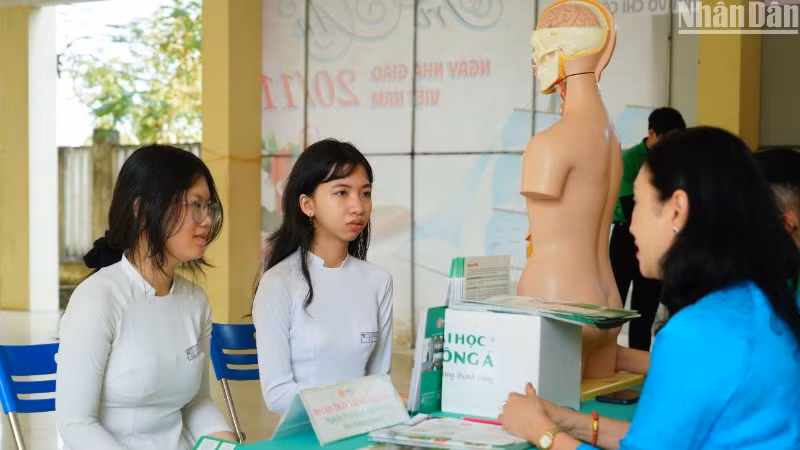Các em học sinh Trường trung học phổ thông Võ Chí Công, Đà Nẵng tham vấn về sức khỏe học đường tại chương trình. (Ảnh: ANH ĐÀO) Các em học sinh Trường trung học phổ thông Võ Chí Công, Đà Nẵng tham vấn về sức khỏe học đường tại chương trình. (Ảnh: ANH ĐÀO)