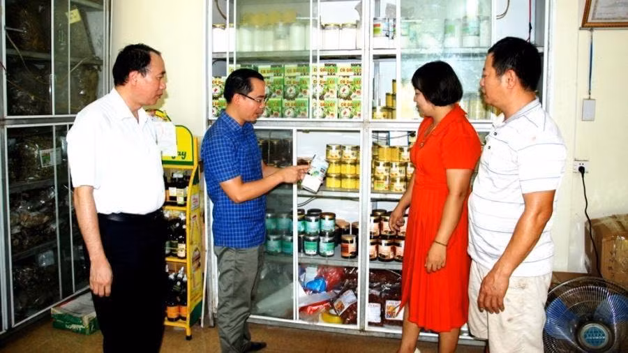 Đồng chí Phạm Văn Tùng, Bí thư Đảng ủy xã Gia Phú (người mặc áo màu xanh) kiểm tra sản phẩm tinh bột nghệ đạt tiêu chuẩn OCOP 3 sao cấp tỉnh ở Hợp tác xã nông sản, dược liệu Mạnh Hương.