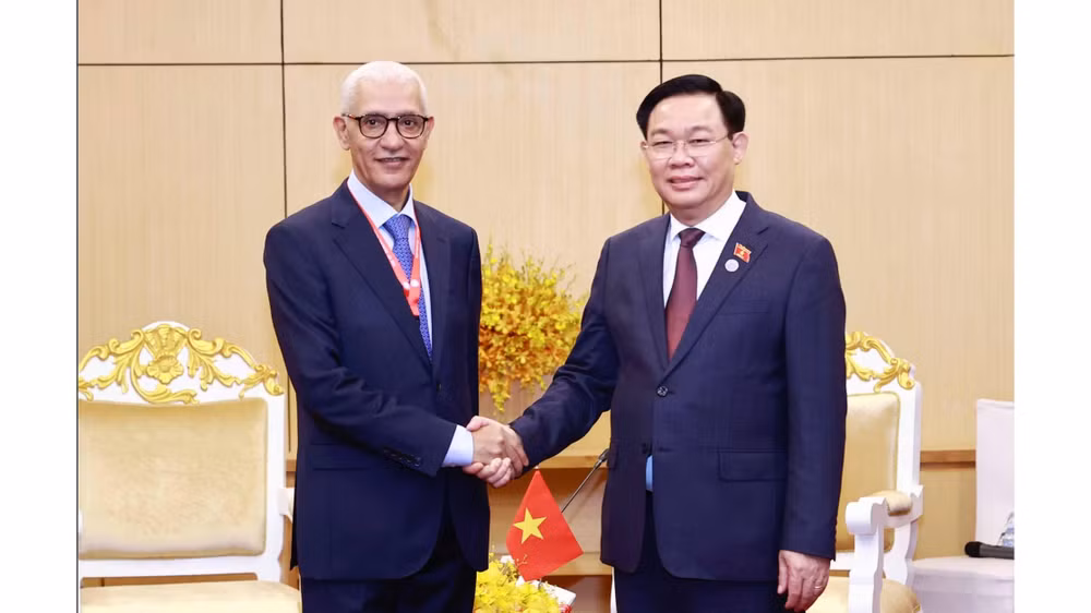 Chủ tịch Quốc hội Vương Đình Huệ gặp Chủ tịch Hạ viện Maroc Rachid Talbi Alami. (Ảnh: Doãn Tuấn/TTXVN)
