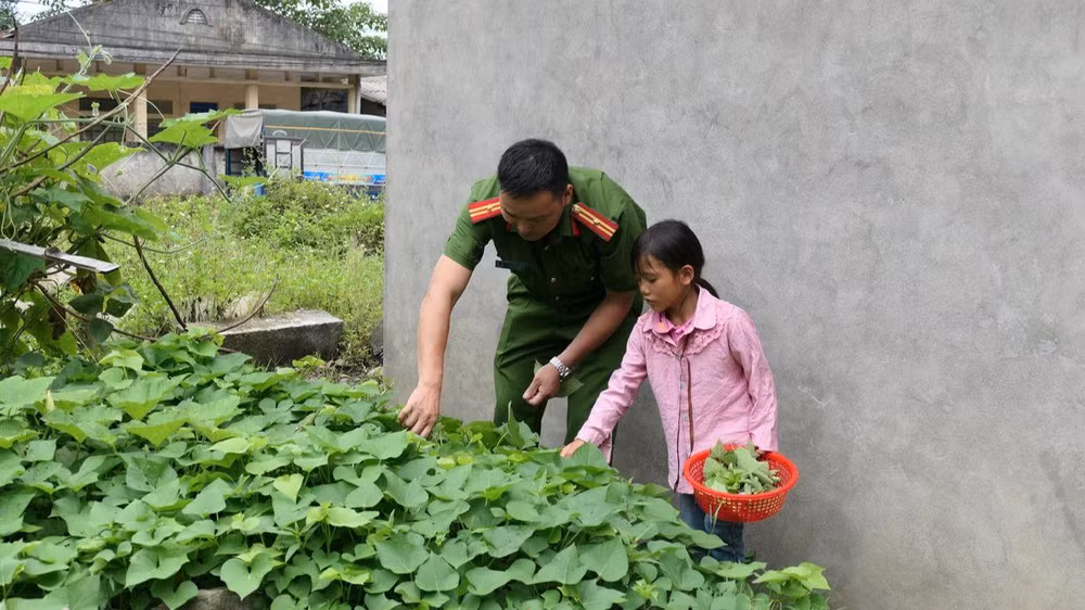Cháu Vù Thị Sinh hái rau xanh cùng cán bộ Công an xã Nghĩa Thuận, huyện Quản Bạ. Cháu Vù Thị Sinh hái rau xanh cùng cán bộ Công an xã Nghĩa Thuận, huyện Quản Bạ.