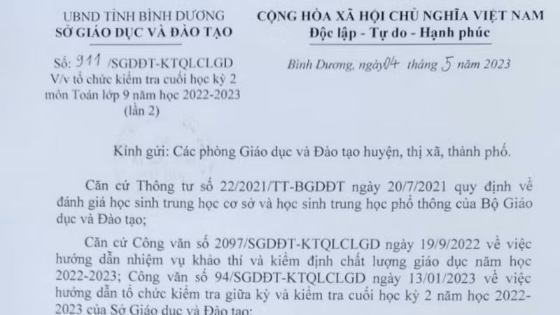Văn bản Sở Giáo dục và Đào tạo tỉnh Bình Dương gửi các phòng giáo dục và đào tạo huyện, thị xã, thành phố thuộc tỉnh về việc tổ chức kiểm tra cuối học kỳ môn toán lớp 9 năm học 2022-2023 lần 2.