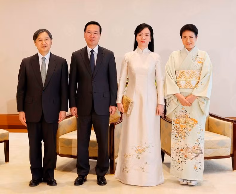 Chủ tịch nước Võ Văn Thưởng và Phu nhân Phan Thị Thanh Tâm hội kiến Nhà vua Naruhito cùng Hoàng hậu Nhật Bản Masako. (Ảnh: Thống Nhất-TTXVN)