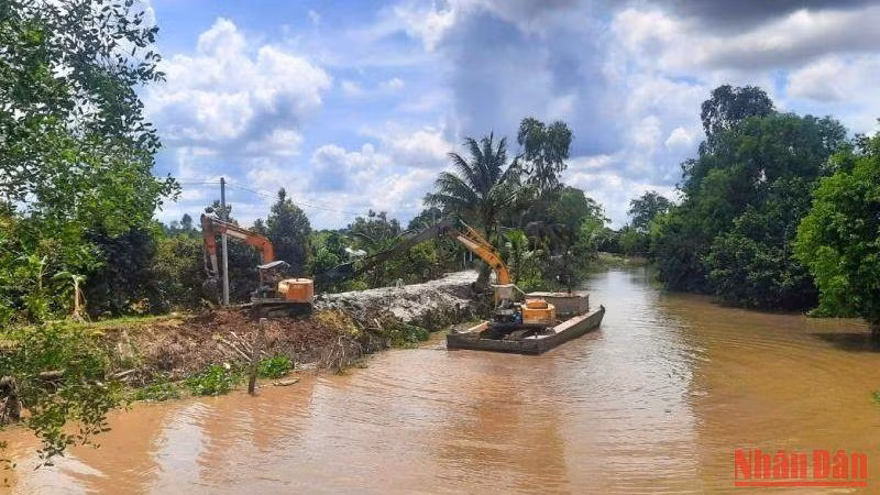Ngành nông nghiệp tỉnh Vĩnh Long triển khai nhiều công đê bao phòng, chống sạt lở và triều cường. (Ảnh: BÁ DŨNG)