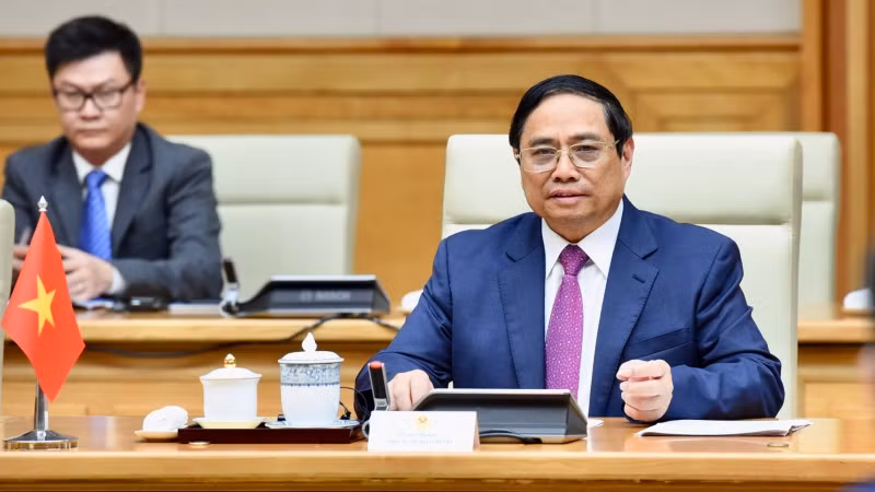 Thủ tướng Phạm Minh Chính phát biểu tại buổi hội kiến với Tổng thống Kazakhstan Kassym-Jomart Tokayev.