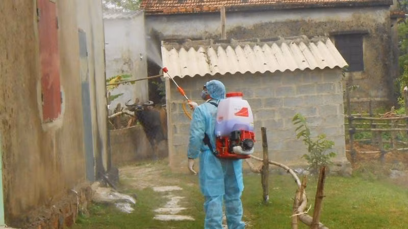 Phun hóa chất khử khuẩn khu vực chuồng trại chăn nuôi của người dân ở xã Tân Ninh, huyện Quảng Ninh, tỉnh Quảng Bình.