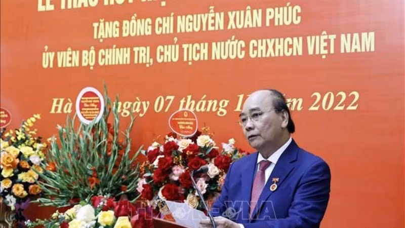 Đồng chí Nguyễn Xuân Phúc, Ủy viên Bộ Chính trị, Chủ tịch nước Cộng hòa XHCN Việt Nam phát biểu. (Ảnh: Thống Nhất/TTXVN)