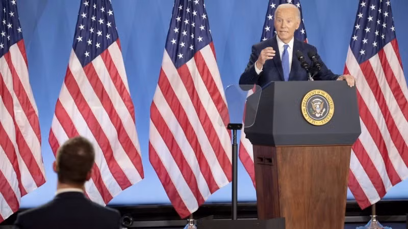 Tổng thống Mỹ Joe Biden phát biểu tại cuộc họp báo ở Washington, DC ngày 11/7/2024. (Ảnh: Kyodo/TTXVN)