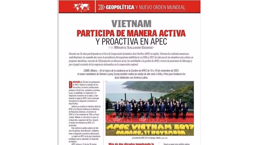 Bài viết có tựa đề “Việt Nam luôn chủ động, tích cực tham gia, đóng góp trong APEC” trên tờ Voces Del Periodista. (Ảnh: TTXVN phát)